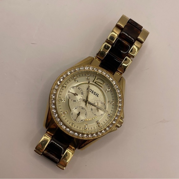 Fossil Ladies Riley wristwatch golden analog multi-dial w/ crystals - Picture 1 of 4